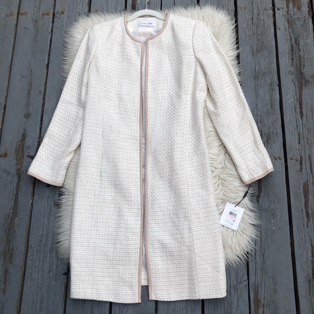 Calvin Klein Tweed Leather Hem Open Front Cream Beige Duster Long Coat size 10